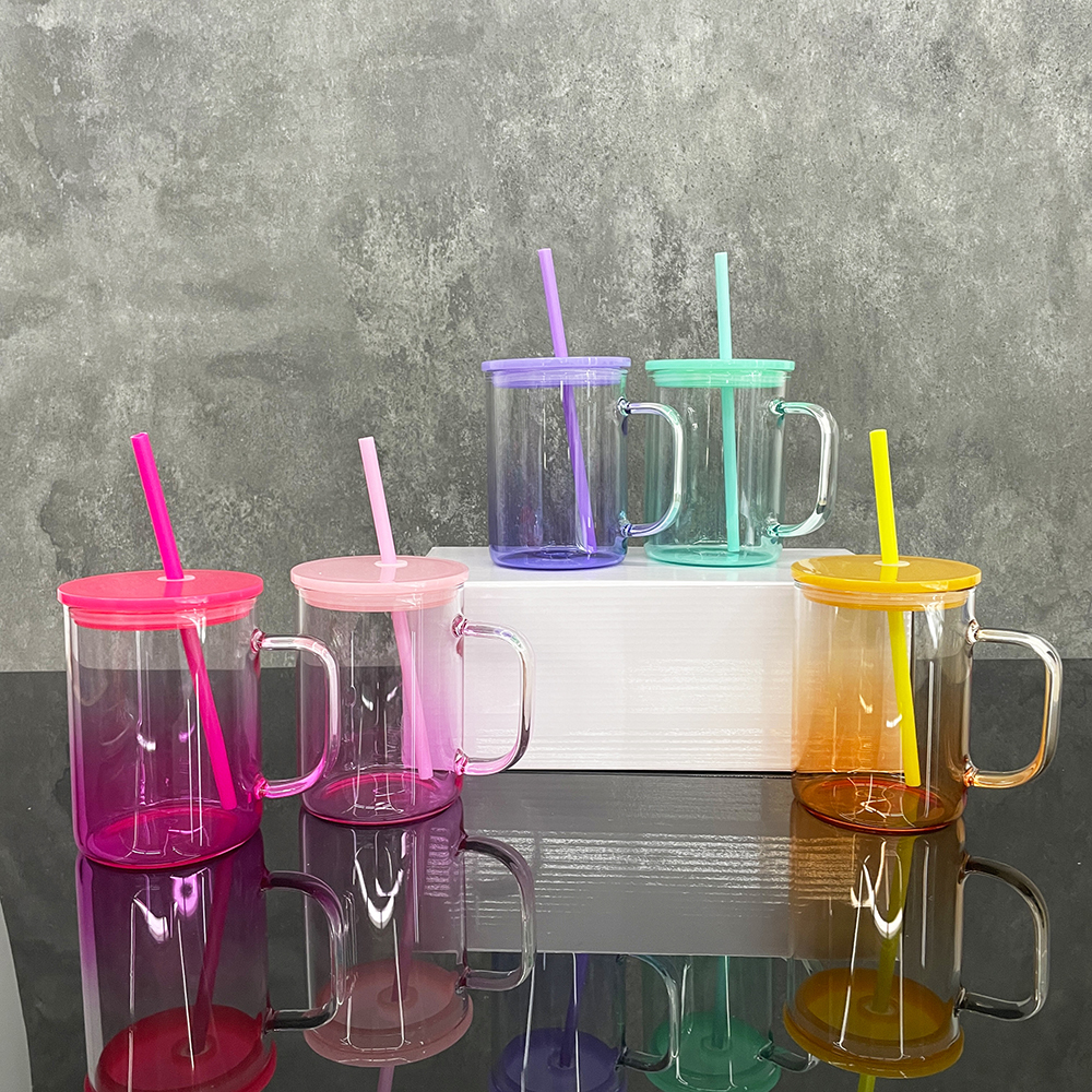 25 Pack YIPAI USA Warehouse17oz Ombre Jelly Glass Mugs With Colorful Plastic Lids for Sublimation and UV DTF Wraps