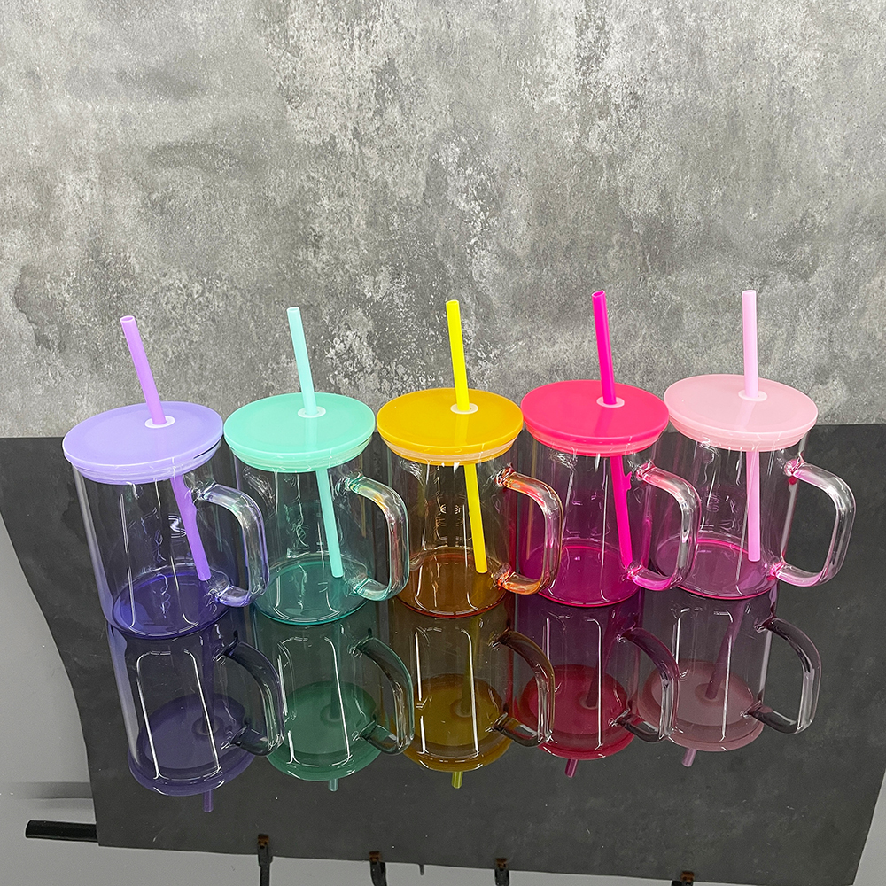 25 Pack YIPAI USA Warehouse17oz Ombre Jelly Glass Mugs With Colorful Plastic Lids for Sublimation and UV DTF Wraps
