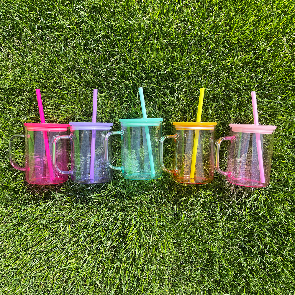 25 Pack YIPAI USA Warehouse17oz Ombre Jelly Glass Mugs With Colorful Plastic Lids for Sublimation and UV DTF Wraps