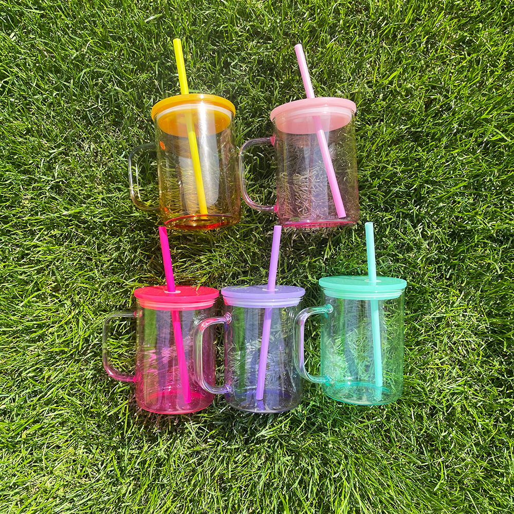 25 Pack YIPAI USA Warehouse17oz Ombre Jelly Glass Mugs With Colorful Plastic Lids for Sublimation and UV DTF Wraps