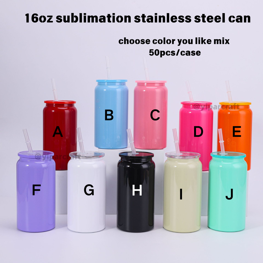 50 Packs Yipai China Warehouse 16oz Blank Sublimation Double Wall Stainless Steel Can Work for UV DTF Wraps Ten Color Mix Style Pretty Wine Red Color Metal Can With Plastic Lids
