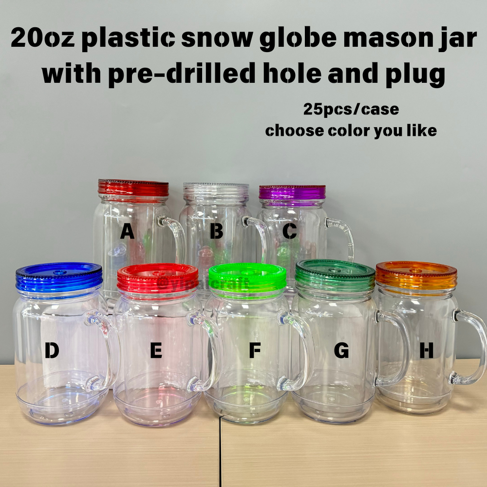 25 Pack YIPAI China Warehouse New Style 20oz Pre-drilled Snow Globe Plastic Colorful and Clear Lids Mason Jars with Handles and Plug Acrylic Mugs for DIY Glitters