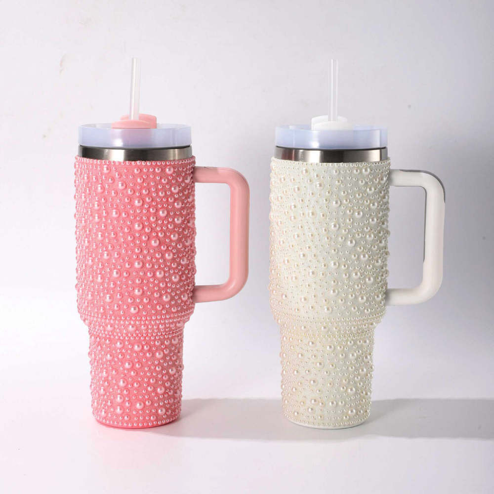 20 Pack USA Warehouse 40oz H2.0 White Pink Rhinestone Pearl Bling Tumblers