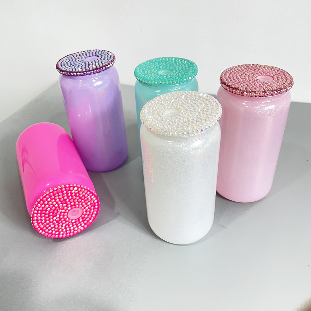 50 Pack YIPAI USA Warehouse 16oz Holographic Shimmer Rainbow Color Blank Sublimation Glass Can With Bling Rhinestone Plastic Lid
