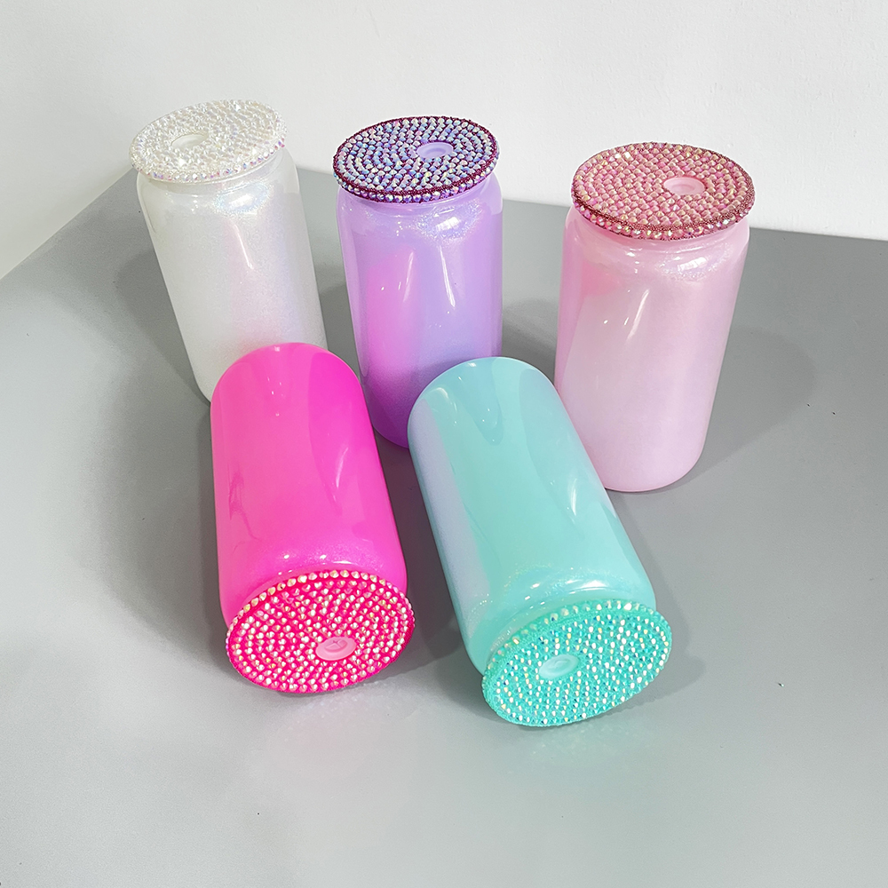 50 Pack YIPAI USA Warehouse 16oz Holographic Shimmer Rainbow Color Blank Sublimation Glass Can With Bling Rhinestone Plastic Lid