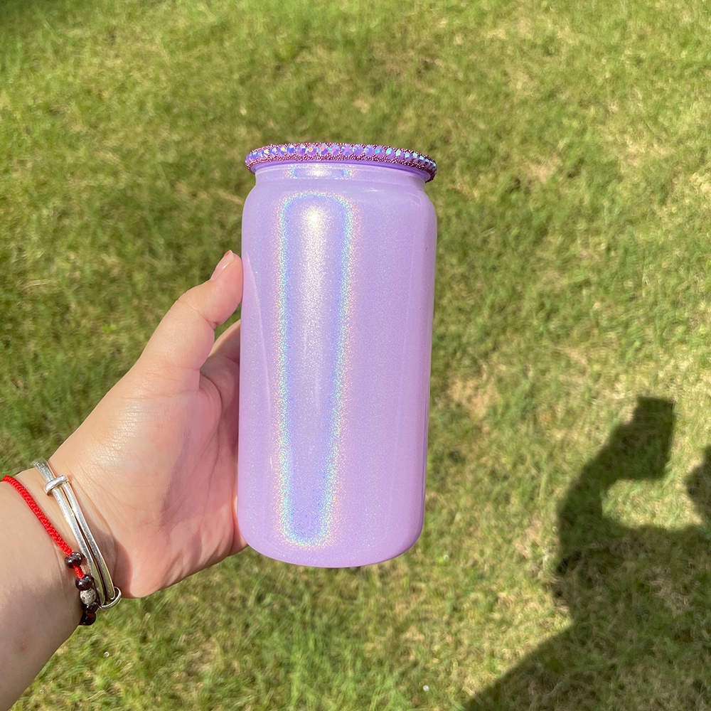 50 Pack YIPAI USA Warehouse 16oz Holographic Shimmer Rainbow Color Blank Sublimation Glass Can With Bling Rhinestone Plastic Lid