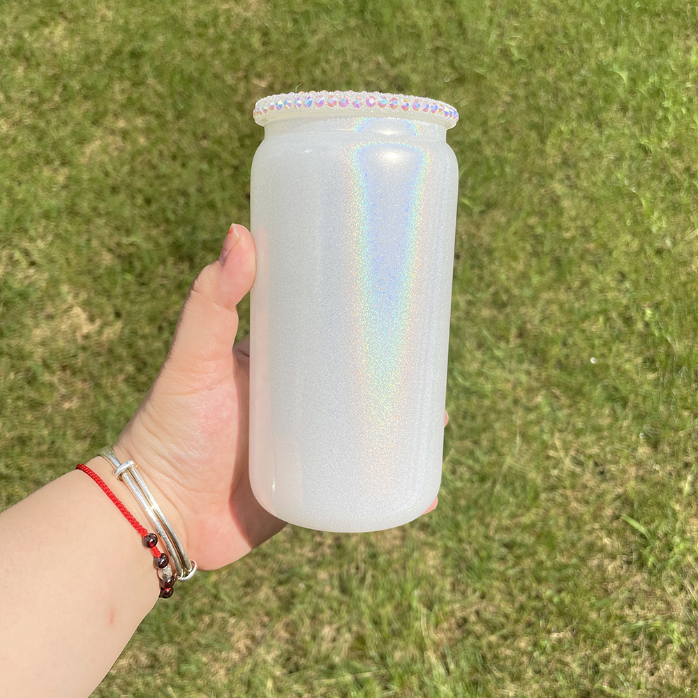 50 Pack YIPAI USA Warehouse 16oz Holographic Shimmer Rainbow Color Blank Sublimation Glass Can With Bling Rhinestone Plastic Lid