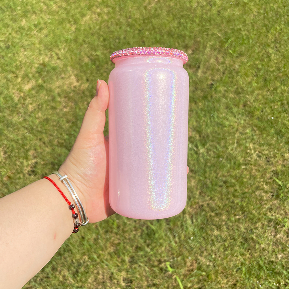 50 Pack YIPAI USA Warehouse 16oz Holographic Shimmer Rainbow Color Blank Sublimation Glass Can With Bling Rhinestone Plastic Lid