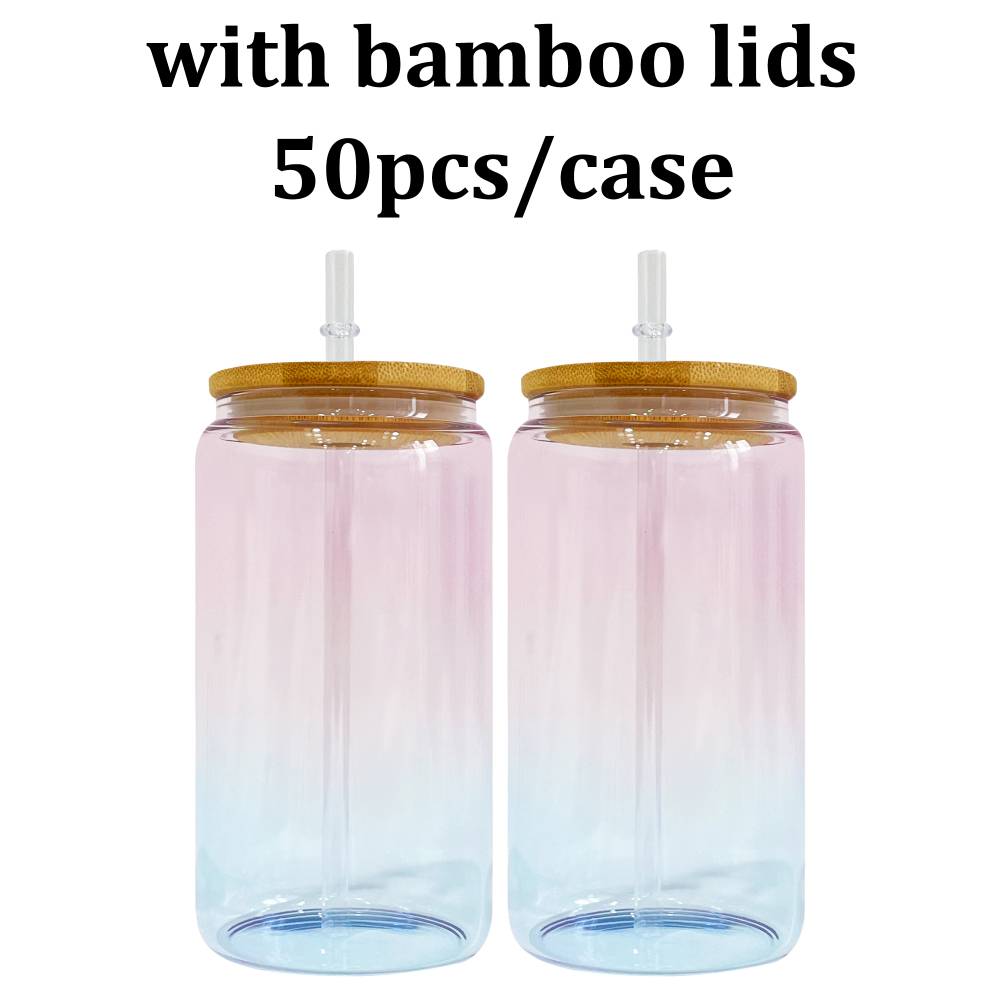 50 Pack YIPAl USA Warehouse 16oz Crystal Ocean Glass Can With PP and Bamboo Lid
