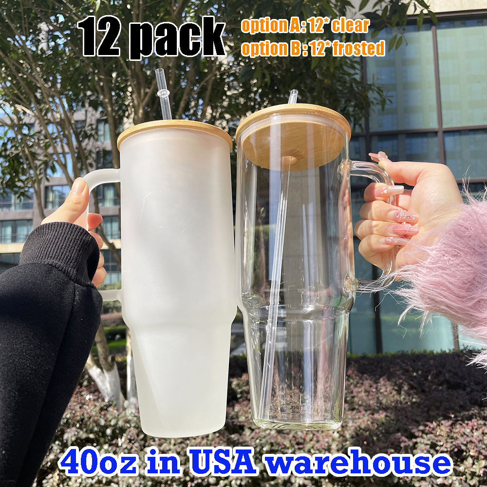 12 Pack YIPAI USA Warehouse Big Capacity 40oz Clear Frosted Glass Mug With Handle for Sublimation and UV DTF Wraps