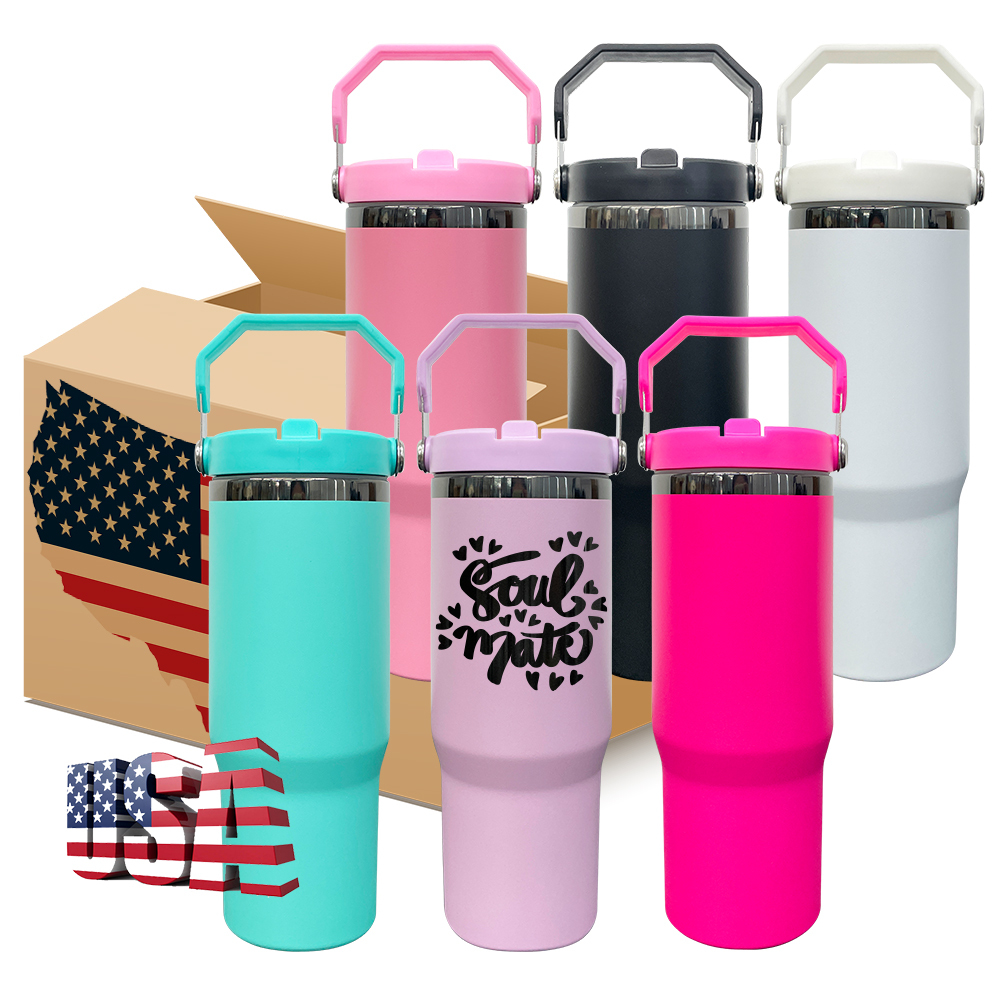 20 Pack Yipai USA Warehouse Mirror Black Plated 30oz Flip Straw Outdoor Water Bottle with Top Handle for Laser Engraving