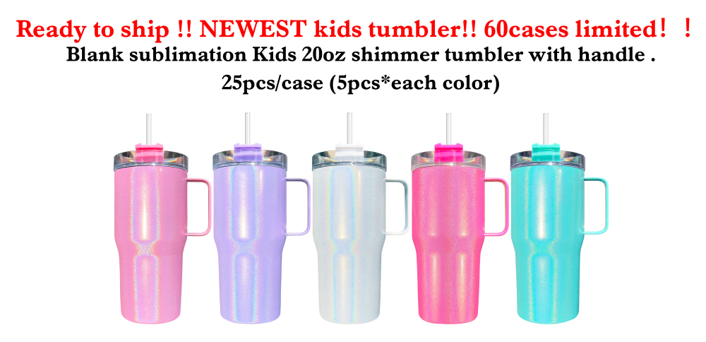 25 Pack YIPAI USA Warehouse Newest Style Sublimation 20oz Kids Sparkly Shimmer Stanley Tumbler with Handle
