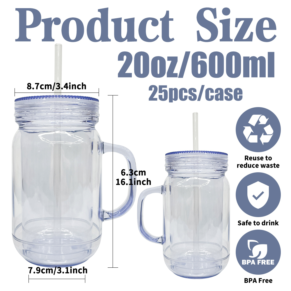 25 Pack YIPAI China Warehouse Snow Globe 20oz Plastic Mason Jars with Handles (Pre-drilled Hole and Plug)