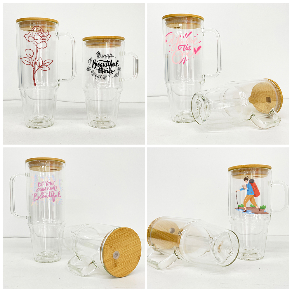 12 Pack YIPAI China Warehouse Sublimation Blanks Pre Drilled Hole 32oz 40oz Glass Snow Globe Tumbler Cups with Handle and Bamboo Lid for UV DTF Cup Wraps