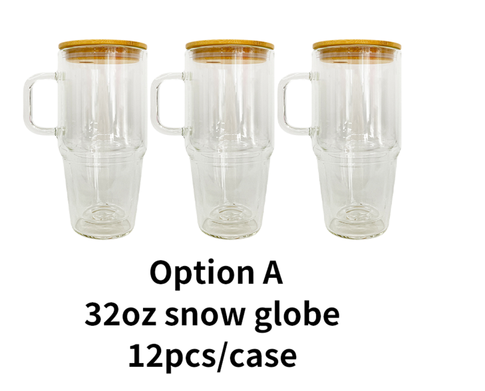 12 Pack YIPAI China Warehouse Sublimation Blanks Pre Drilled Hole 32oz 40oz Glass Snow Globe Tumbler Cups with Handle and Bamboo Lid for UV DTF Cup Wraps