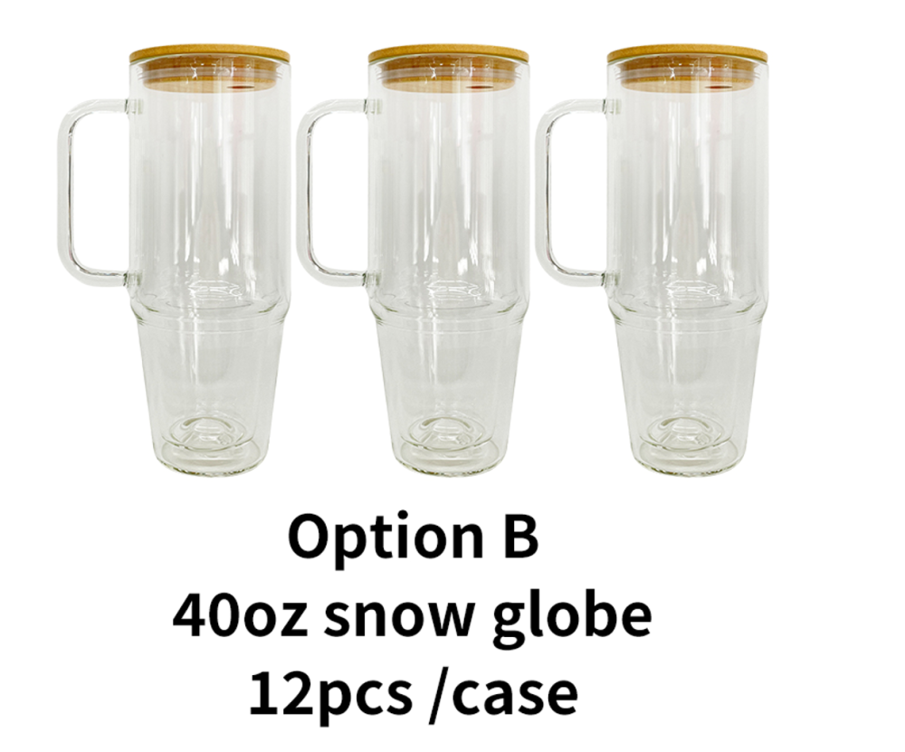 12 Pack YIPAI China Warehouse Sublimation Blanks Pre Drilled Hole 32oz 40oz Glass Snow Globe Tumbler Cups with Handle and Bamboo Lid for UV DTF Cup Wraps