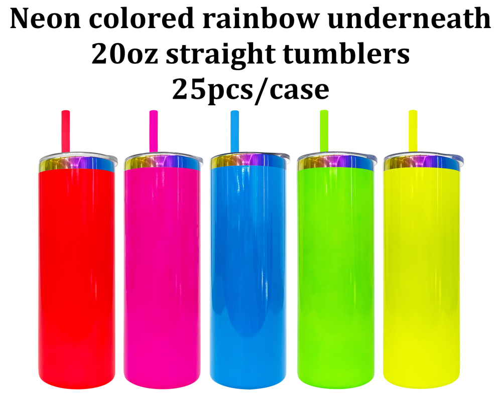 25 Pack YIPAI USA Warehouse 20oz Neon Colored Rainbow Underneath Sublimation Skinny Straight Tumbler for Laser Engraving and Sublimation