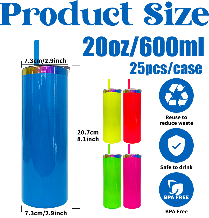 25 Pack YIPAI USA Warehouse 20oz Neon Colored Rainbow Underneath Sublimation Skinny Straight Tumbler for Laser Engraving and Sublimation