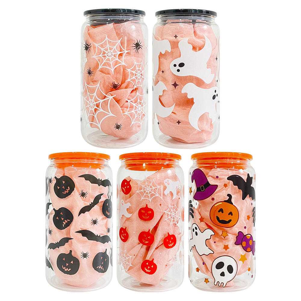 50 Pack YIPAI China Warehouse 16oz Halloween Glass Can With 3D Touch Design And Plastic Lids