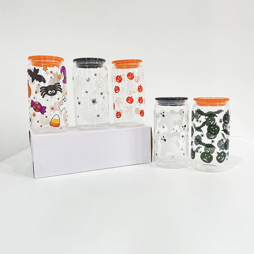 YIPAI 16oz Halloween Glass Can With 3D Touch Design And Plastic Lids Sold By Case
