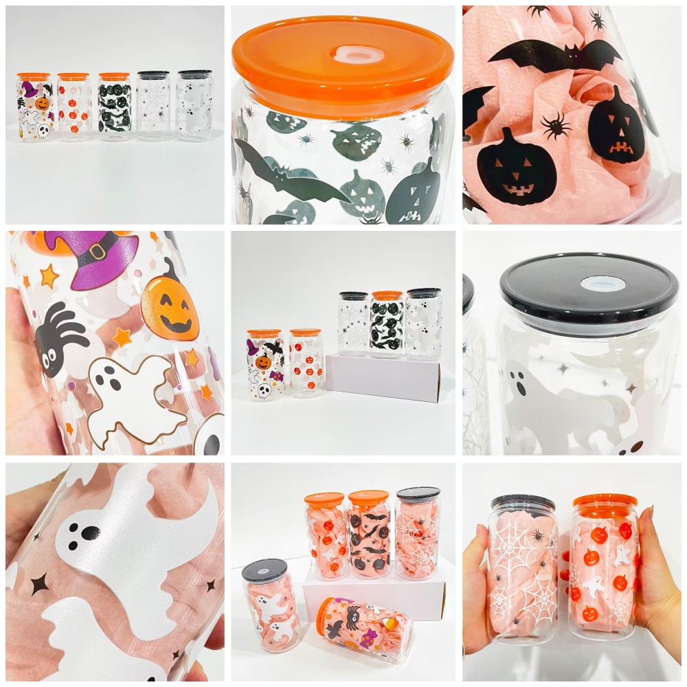 YIPAI 16oz Halloween Glass Can With 3D Touch Design And Plastic Lids Sold By Case