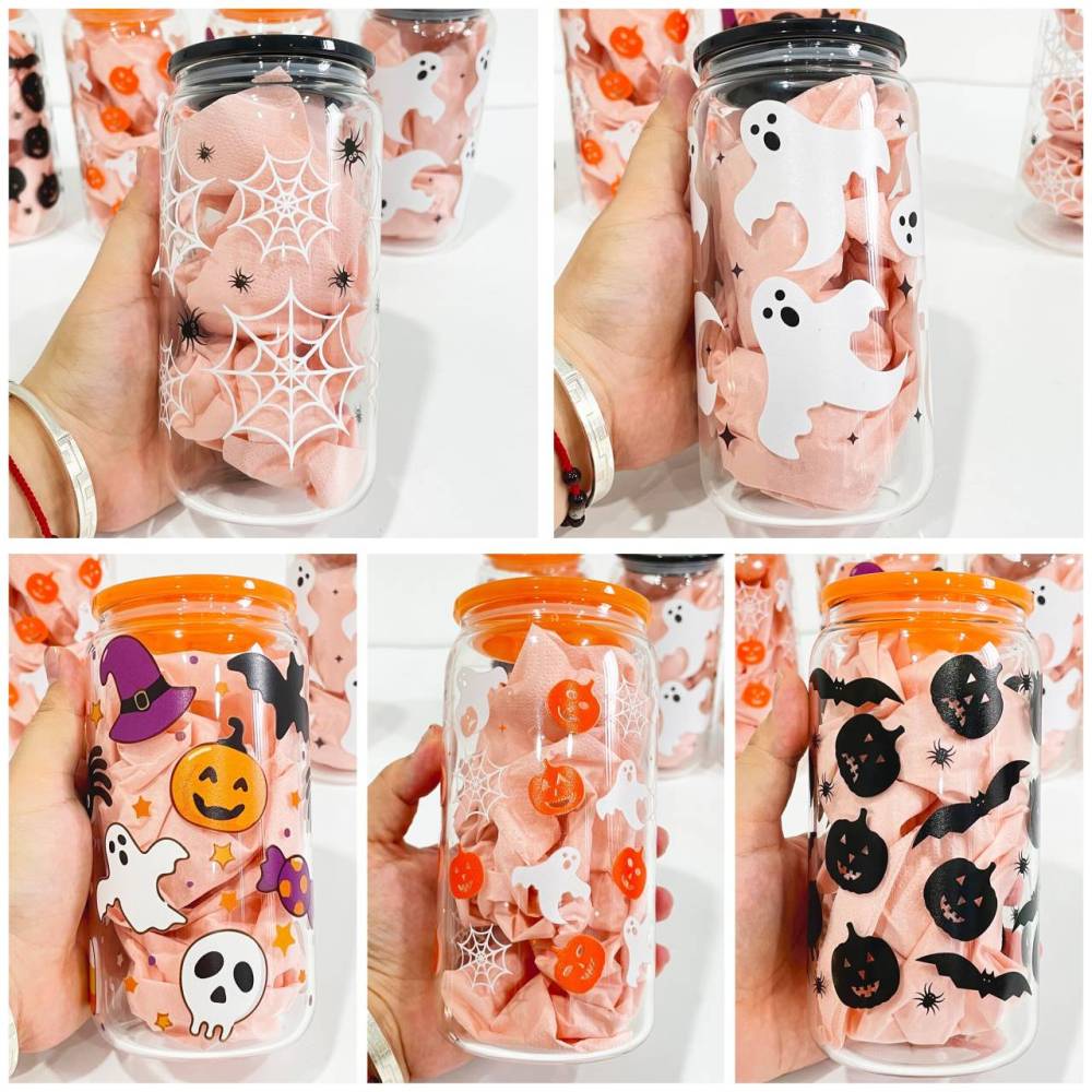 YIPAI 16oz Halloween Glass Can With 3D Touch Design And Plastic Lids Sold By Case