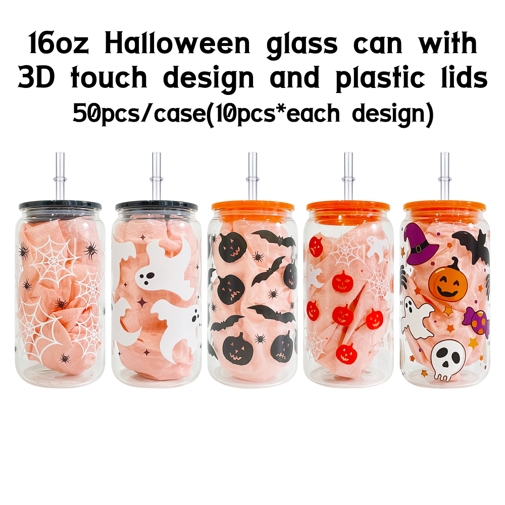 YIPAI 16oz Halloween Glass Can With 3D Touch Design And Plastic Lids Sold By Case