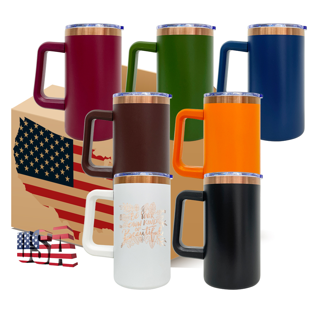 20 Pack YIPAI USA Warehouse Copper Underneath Powder Coated 20oz Coffee Mugs with Removable Plastic Handle for Laser Engraving
