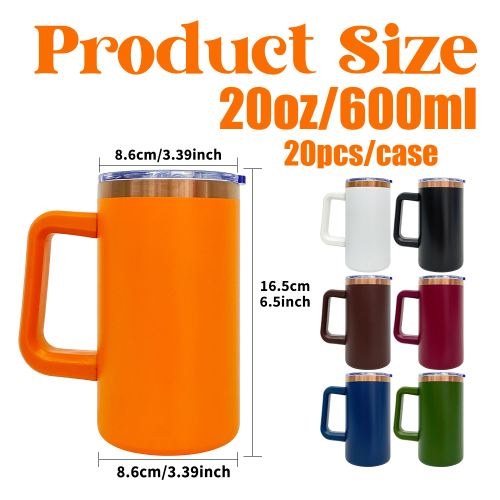 20 Pack YIPAI USA Warehouse Copper Underneath Powder Coated 20oz Coffee Mugs with Removable Plastic Handle for Laser Engraving