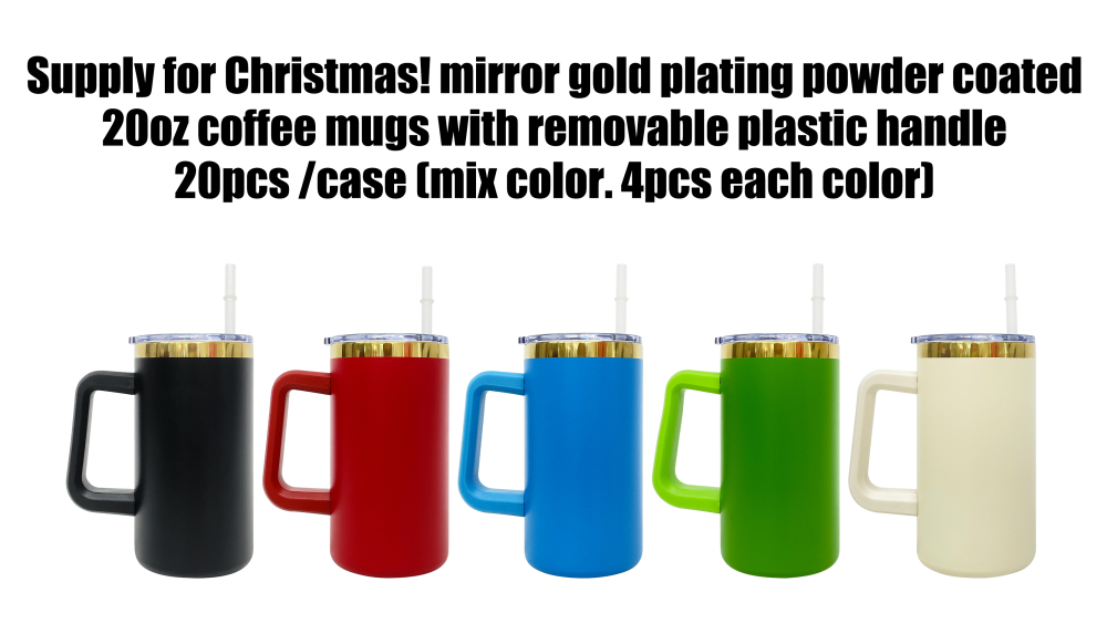 20 Pack YIPAI China Warehouse Christmas Mirror Gold Plating Powder Coated 20oz Coffee Mugs with Removable Plastic Handle for Laser Engraving
