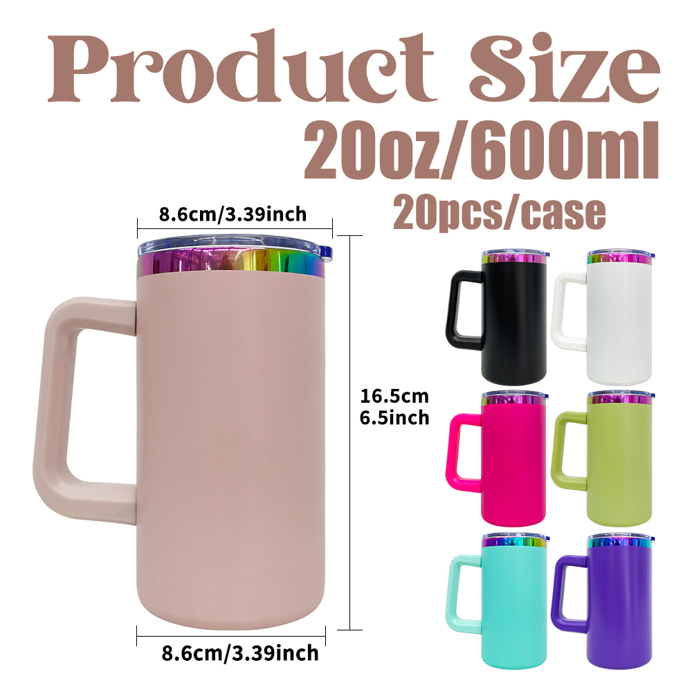 20 Pack YIPAI China Warehouse Mirror Rainbow Underneath Powder Coated 20oz Coffee Mugs with Removable Plastic Handle for Laser Engraving