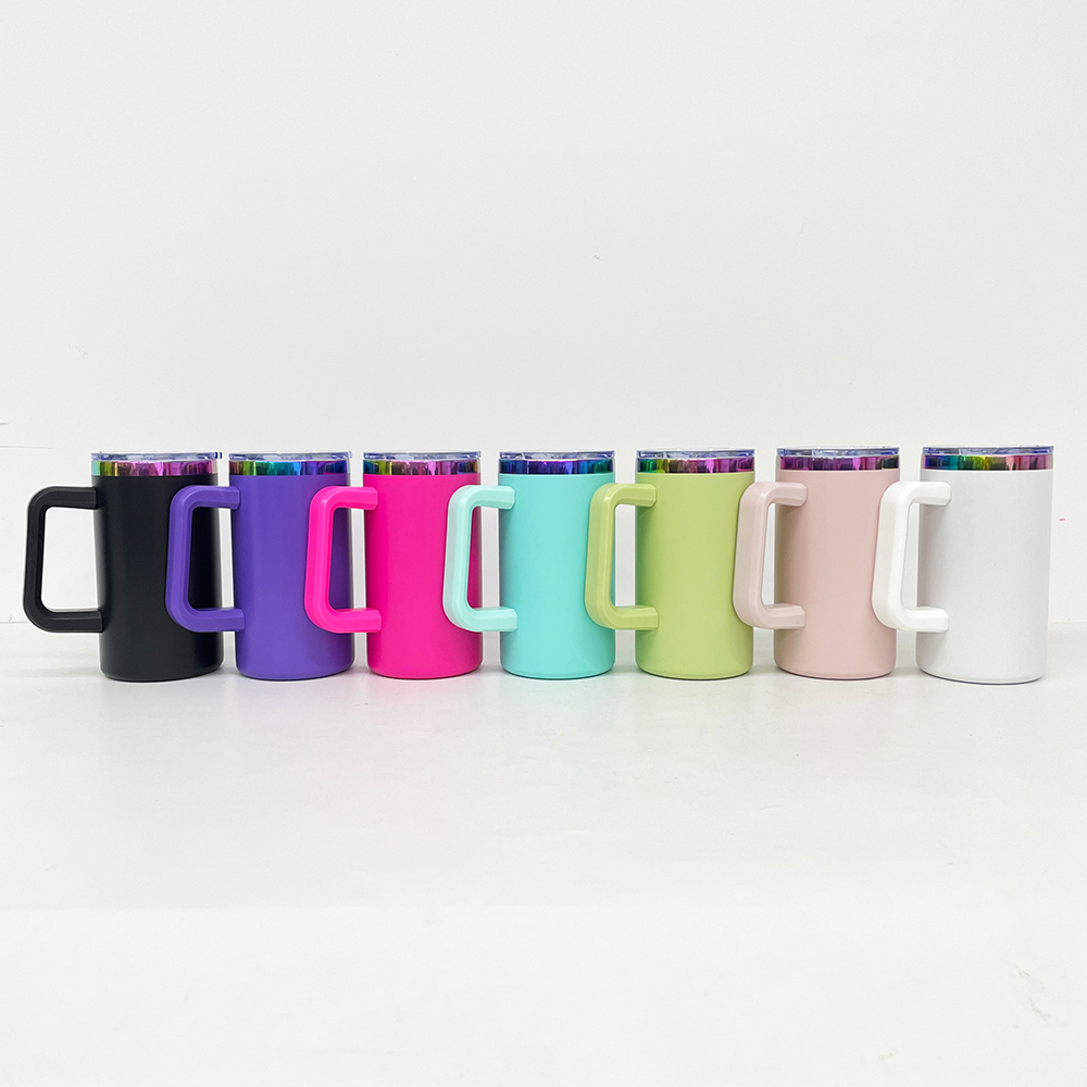 20 Pack YIPAI China Warehouse Mirror Rainbow Underneath Powder Coated 20oz Coffee Mugs with Removable Plastic Handle for Laser Engraving
