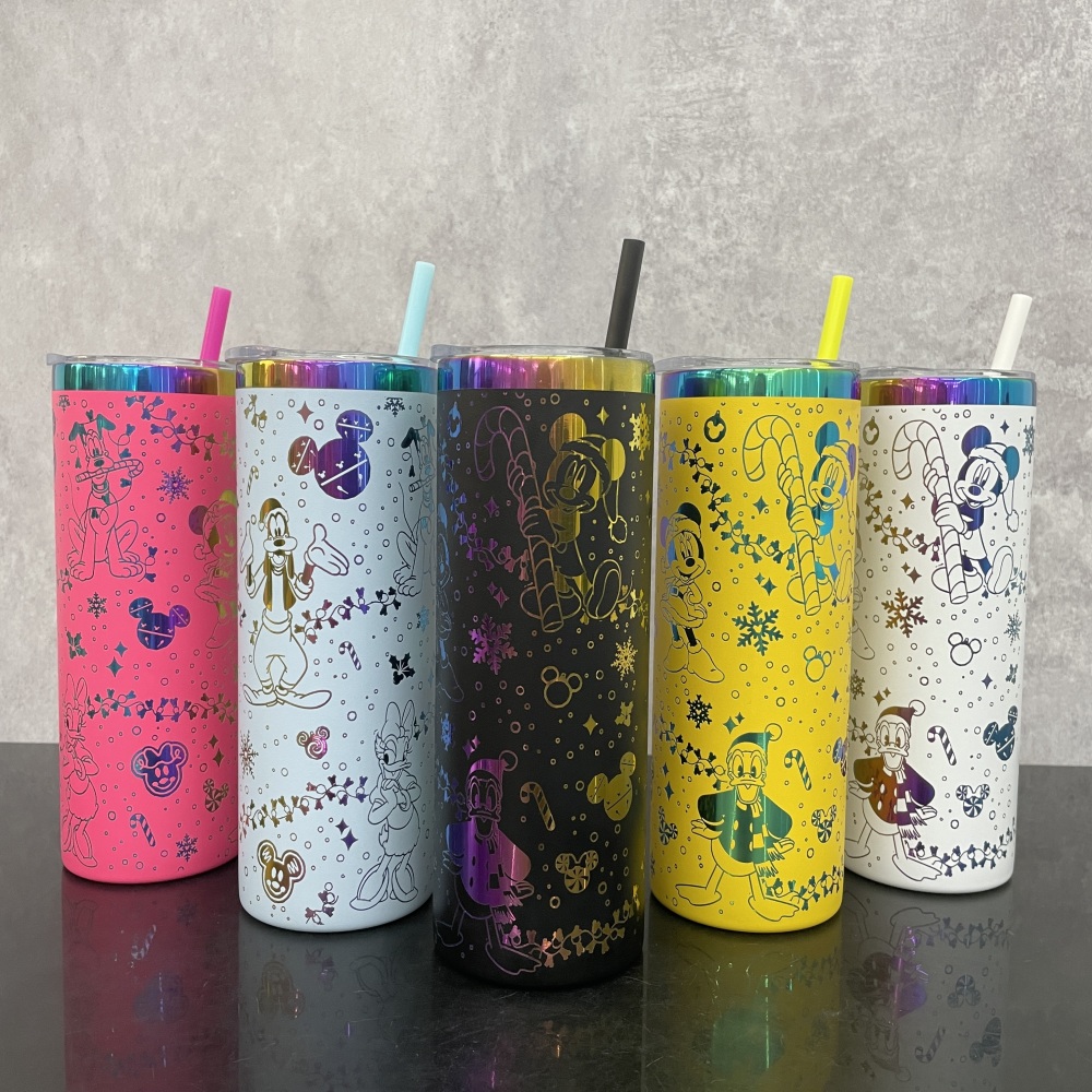 25 Pack YIPAI USA Warehouse 20oz Skinny Straight Tumbler with Rainbow Laser Engraving Disney Design Lovely Mickey Mouse