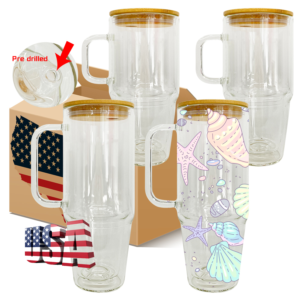 12 Pack YIPAI USA Warehouse Sublimation Blanks Pre Drilled Hole 32oz 40oz Glass Snow Globe Tumbler Cups with Handle and Bamboo Lid for UV DTF Cup Wraps