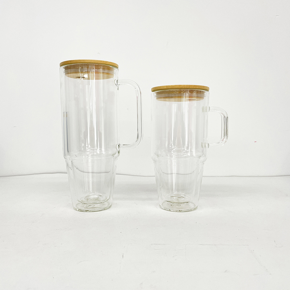 12 Pack YIPAI China Warehouse Sublimation Blanks Pre Drilled Hole 32oz 40oz Glass Snow Globe Tumbler Cups with Handle and Bamboo Lid for UV DTF Cup Wraps