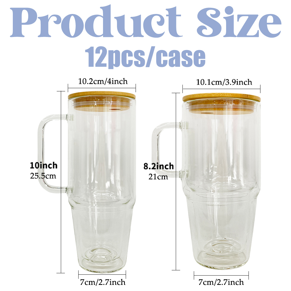 12 Pack YIPAI China Warehouse Sublimation Blanks Pre Drilled Hole 32oz 40oz Glass Snow Globe Tumbler Cups with Handle and Bamboo Lid for UV DTF Cup Wraps