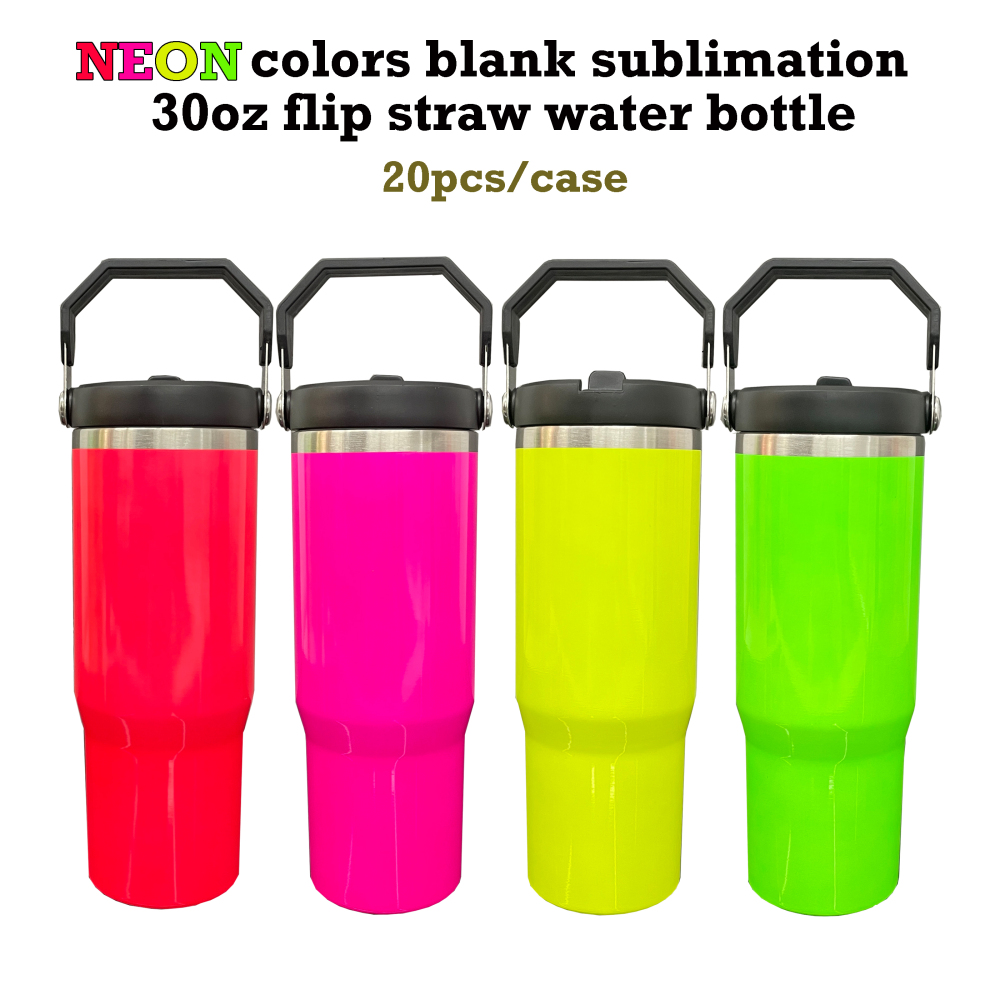 20 Pack YIPAI USA Warehouse Neon Colors 30oz Fip Straw Water Bottles Blank Sublimation Kids Tumblers for Laser Engraving