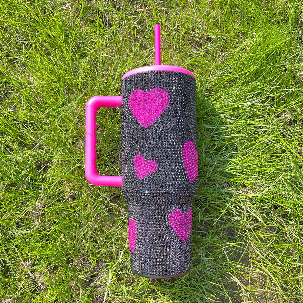20 Pack YIPAI China Warehouse Hot Pink Black 40oz Sweet Heart Print Bling Rhinestone Tumblers Ship Out Within 2 Weeks