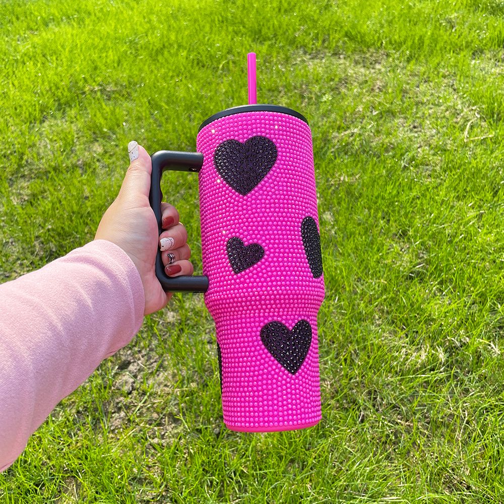 20 Pack YIPAI China Warehouse Hot Pink Black 40oz Sweet Heart Print Bling Rhinestone Tumblers Ship Out Within 2 Weeks