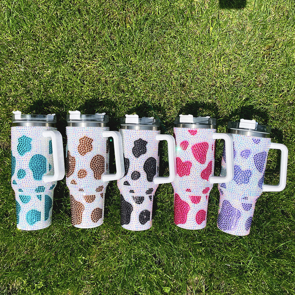 YIPAI H1.0 40oz Cow Pattern Rhinestone Full Coverd Stanley Style Travel Mug Tumbler With Handle Lid And Straw Ship On Dec 5