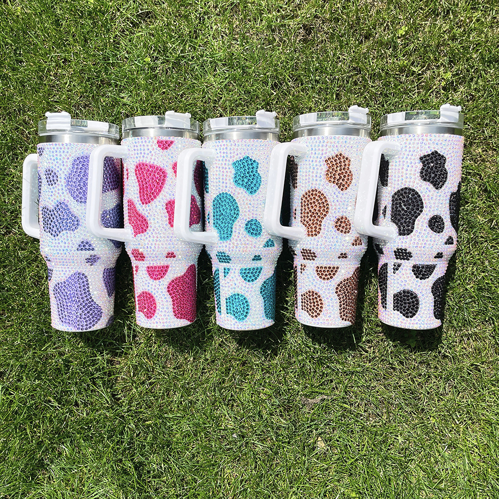 20 Pack YIPAI USA Warehouse H1.0 40oz Cow Pattern Rhinestone Full Coverd Stanley Style Travel Mug Tumbler With Handle Lid And Straw