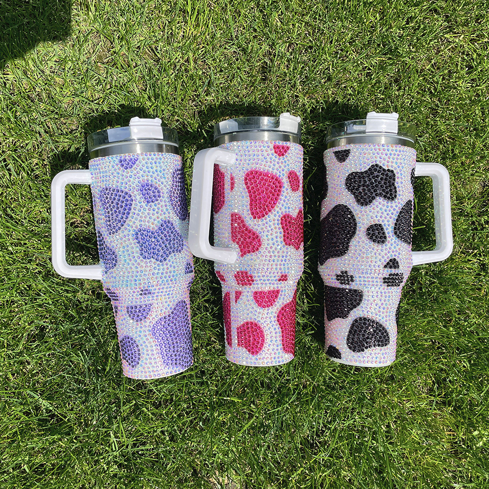 20 Pack YIPAI USA Warehouse H1.0 40oz Cow Pattern Rhinestone Full Coverd Stanley Style Travel Mug Tumbler With Handle Lid And Straw