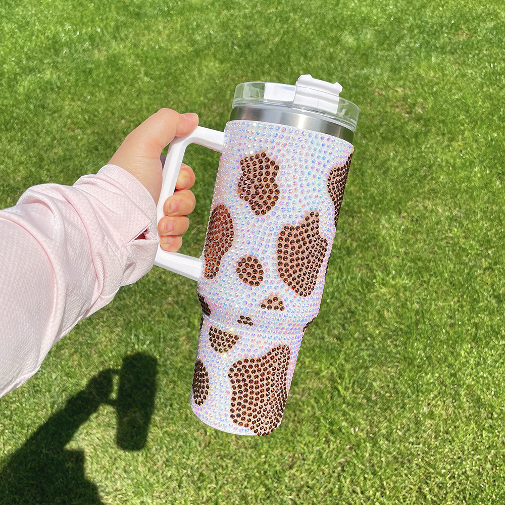 YIPAI H1.0 40oz Cow Pattern Rhinestone Full Coverd Stanley Style Travel Mug Tumbler With Handle Lid And Straw Ship On Dec 5