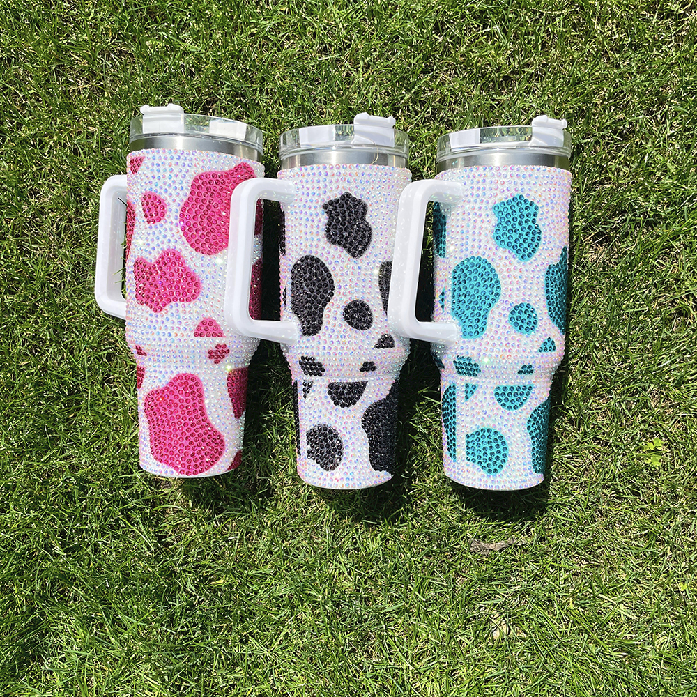 20 Pack YIPAI USA Warehouse H1.0 40oz Cow Pattern Rhinestone Full Coverd Stanley Style Travel Mug Tumbler With Handle Lid And Straw