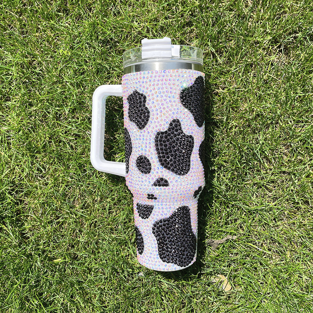 20 Pack YIPAI USA Warehouse H1.0 40oz Cow Pattern Rhinestone Full Coverd Stanley Style Travel Mug Tumbler With Handle Lid And Straw