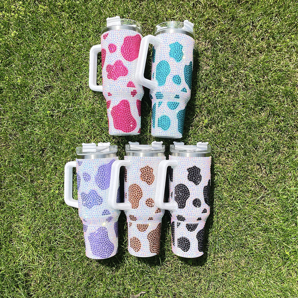 YIPAI H1.0 40oz Cow Pattern Rhinestone Full Coverd Stanley Style Travel Mug Tumbler With Handle Lid And Straw Ship On Dec 5
