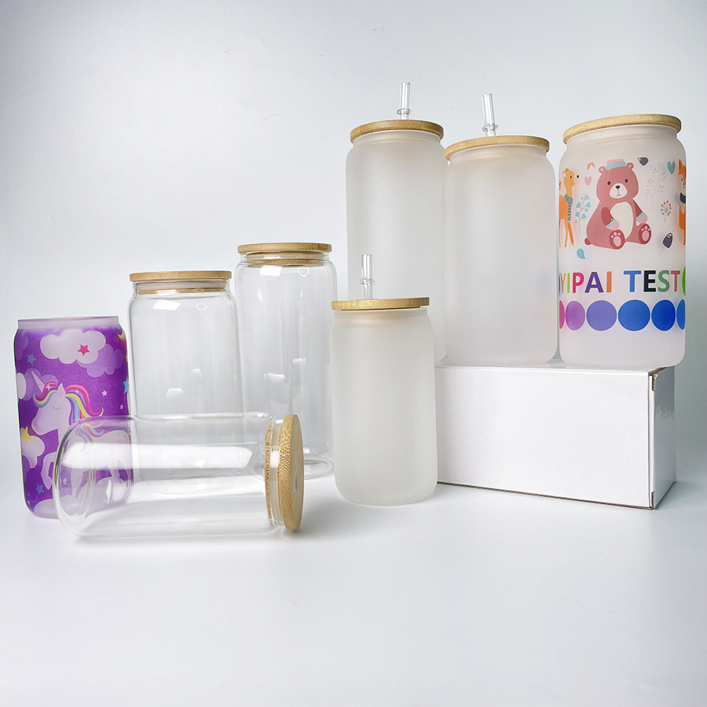 25 Pack 50Pack YIPAI USA Warehouse 16oz Sublimation Blanks Clear Frosted Beer Glass Can With Bamboo Lid And Plastic Straw