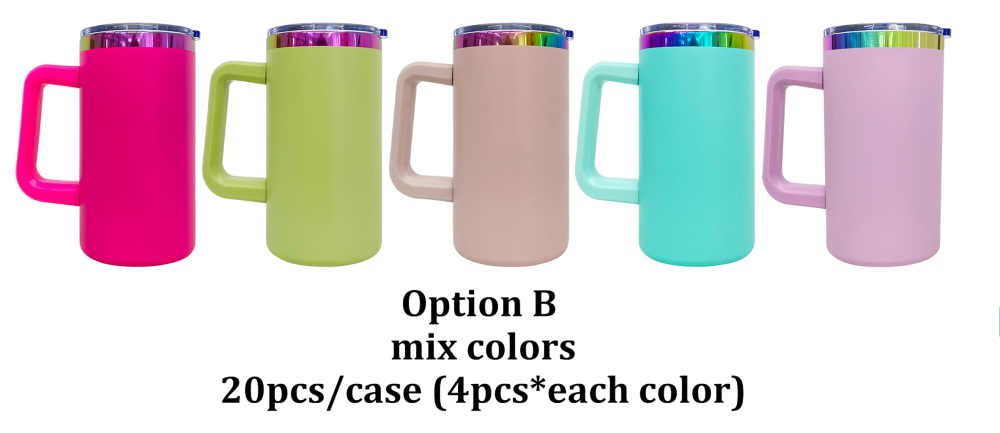 20 Pack YIPAI China Warehouse Mirror Rainbow Underneath Powder Coated 20oz Coffee Mugs with Removable Plastic Handle for Laser Engraving