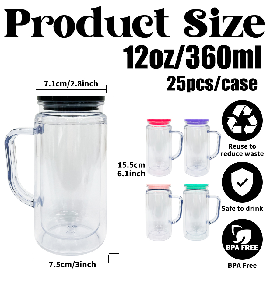 25 Pack YIPAI China Warehouse Glitter Pre Drilled Hole 12oz Inner 16oz Outer Double Wall Snow Globe Plastic Mug with Handle  for UV DTF Transfer Wrap