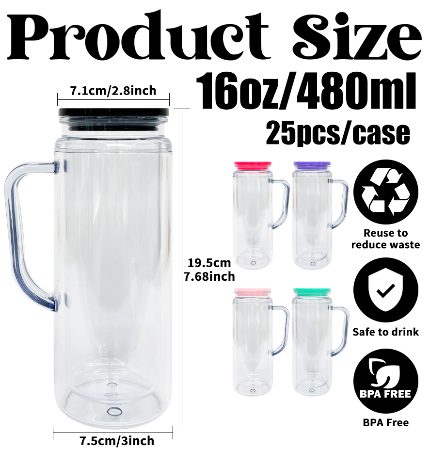 25 Pack YIPAI China Warehouse Glitter Pre Drilled Hole 16oz Inner 20oz Outer Double Wall Snow Globe Plastic Mug with Handle  for UV DTF Transfer Wrap